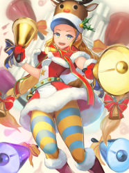 Rule 34 | 1girl, :d, animal hat, bell, belt, blonde hair, blue pantyhose, braid, deer hat, dual wielding, gloves, green eyes, hair bell, hair ornament, handbell, hat, holding, looking at viewer, monster strike, neck bell, open mouth, pantyhose, red footwear, red gloves, red ribbon, red skirt, ribbon, skirt, smile, solo, star (symbol), striped clothes, striped pantyhose, taba comya, twin braids, twintails, yellow pantyhose
