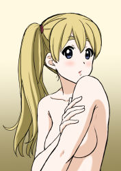 Rule 34 | 00s, 1girl, alternate hairstyle, blonde hair, blue eyes, blush, breasts, convenient arm, convenient censoring, eyebrows, gradient background, k-on!, kotobuki tsumugi, large breasts, long hair, nude, parted lips, side ponytail, simple background, solo, thick eyebrows, tsukkun, upper body