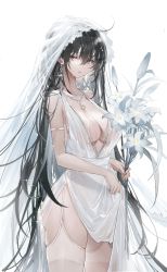 Rule 34 | 1girl, azur lane, backless dress, backless outfit, bare shoulders, black hair, breasts, bridal veil, bride, center opening, cocktail dress, cowboy shot, crossed bangs, dress, earrings, evening gown, flower, garter straps, highres, jewelry, large breasts, long hair, official alternate costume, plunging neckline, red eyes, ring, satin dress, see-through, see-through dress, simple background, sleeveless, sleeveless dress, solo, standing, taihou (azur lane), taihou (temptation on the sea breeze) (azur lane), technodildo, thighhighs, veil, very long hair, wedding dress, wedding ring, white background, white dress, white flower, white garter straps, white thighhighs