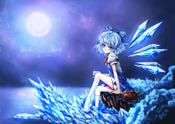 Rule 34 | 1girl, blue eyes, blue hair, blush, bow, cirno, dress, grass, hair bow, highres, ice, ice wings, karadborg, large bow, loafers, looking at viewer, matching hair/eyes, night, puffy short sleeves, puffy sleeves, shoes, unworn shoes, short hair, short sleeves, sitting, smile, socks, solo, touhou, wings