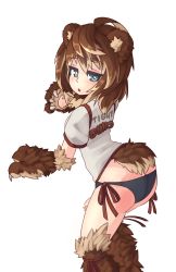 Rule 34 | 1girl, animal ear fluff, animal ears, animal hands, ass, barb-tan, bear ears, bear tail, black panties, blue eyes, borrowed character, brown hair, claws, from behind, heart, heart-shaped pupils, highres, leg ribbon, looking at viewer, looking back, multicolored hair, no pants, open mouth, original, panties, ribbon, shirt, short hair, side-tie panties, solo, sub-res, symbol-shaped pupils, t-shirt, tail, transparent background, two-tone hair, underwear
