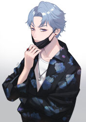 Rule 34 | 1boy, blue hair, crossed arms, dress shirt, earrings, floral print, frown, heart, heart earrings, highres, jewelry, lock, looking to the side, male focus, mask, mask pull, mouth mask, necklace, original, parted bangs, partially unbuttoned, purple eyes, ring, shirt, short hair, solo, undershirt, upper body, yori (ito haruki)