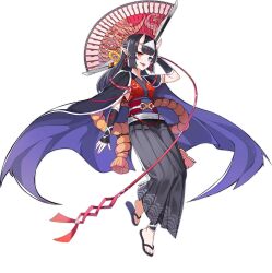 Rule 34 | 1girl, amanojaku (ark order), ark order, arm at side, arm behind head, arm up, artist request, black cape, black footwear, black hair, black pants, blue eyes, cape, earrings, folding fan, full body, hakama, hakama pants, hand fan, heterochromia, holding, holding fan, horns, japanese clothes, jewelry, kimono, long hair, obi, obijime, official art, pants, pointy ears, purple cape, red eyes, red kimono, red sash, sandals, sash, sidelocks, skin-covered horns, solo, tachi-e, tongue, tongue out, transparent background, triangular headpiece, two-sided cape, two-sided fabric, wrist guards