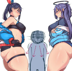 Rule 34 | 1boy, 2girls, ass, black gloves, black hair, black skirt, blue archive, blue buruma, blue eyes, blue hair, blue jacket, blue ribbon, blush, breasts, buruma, crop top, crossed arms, crossover, gloves, gridman universe, halo, hand on own hip, highres, huge ass, jacket, long hair, long sleeves, looking at another, medium breasts, microskirt, multicolored clothes, multicolored jacket, multicolored ribbon, multiple girls, muyoshito, navel, off-shoulder jacket, off shoulder, official alternate costume, official alternate hairstyle, open clothes, open jacket, pencil skirt, ponytail, red ribbon, ribbon, sensei (blue archive), sidelocks, simple background, skirt, ssss.gridman, stomach, takarada rikka, takarada rikka (solarain toys), thick thighs, thigh strap, thighs, trait connection, white background, white jacket, yuuka (blue archive), yuuka (track) (blue archive)