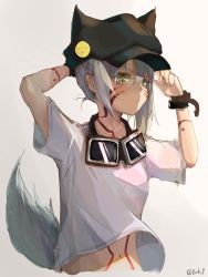 Rule 34 | 1girl, 8rk9, animal ears, arm up, bad id, bad pixiv id, black hat, cabbie hat, closed mouth, cropped torso, facial mark, fake animal ears, fox tail, goggles, goggles around neck, gradient background, green eyes, grey background, hand up, hat, highres, long hair, looking at viewer, midriff, navel, original, shirt, short sleeves, side ponytail, sidelocks, silver hair, sketch, slit pupils, solo, stomach, tail, twitter username, v-shaped eyebrows, white background, white shirt, wristband