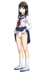 Rule 34 | 1girl, adjusting clothes, adjusting panties, black eyes, black hair, blue sailor collar, blue skirt, bow, bow panties, closed mouth, clothes lift, commentary, crotch seam, empty eyes, expressionless, full body, highres, lifting own clothes, long hair, long sleeves, looking at viewer, maburu (lojyq1eur3e8bit), medium skirt, neckerchief, original, panties, red neckerchief, sailor collar, shirt, shoes, simple background, skirt, skirt lift, socks, solo, straight hair, underwear, uwabaki, white background, white footwear, white panties, white shirt, white socks