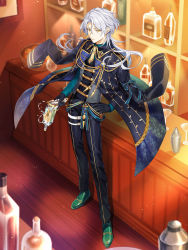 Rule 34 | 1boy, alcohol, androgynous, bar (place), bishounen, blouse, cocosuke, collared shirt, cup, drinking glass, food fantasy, formal, full body, gin (food fantasy), green shirt, hand on own hip, highres, liquor, long hair, looking at viewer, male focus, official art, pale skin, second-party source, shirt, silver hair, solo, thigh strap, waistcoat, yellow eyes