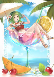 Rule 34 | 1girl, alcohol, artist name, bendy straw, black bra, blue shorts, blue sky, bra, bracelet, breasts, cantaloupe, cherry blossoms, cloud, crop top, cup, cutoffs, day, denim, denim shorts, deviantart username, drinking straw, floating, flower, flower necklace, flower request, food, fruit, goggles, goggles on head, green eyes, green hair, green nails, gumi, hair flower, hair ornament, happy, highres, holding, holding food, holding fruit, ice, ice cube, in container, in cup, jewelry, leaf, leaning back, bridal garter, lemon, lemon slice, looking at viewer, medium breasts, monkeyyan, nail polish, navel, necklace, open mouth, oversized object, palm tree, partially submerged, sandals, shorts, sitting, sky, solo, stomach, sunlight, thighs, toenail polish, toenails, tongue, tree, underwear, vocaloid, watermark, web address