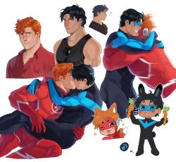 Rule 34 | 2boys, absurdres, bara, black bodysuit, black hair, blue bodysuit, blue eyes, blush, bodysuit, carrot, chibi, closed eyes, closed mouth, collared shirt, couple, dc comics, dick grayson, domino mask, food, green eyes, haljordanmylove, highres, holding, holding carrot, holding food, hug, jewelry, kid flash, kiss, large pectorals, male focus, mask, multiple boys, muscular, muscular male, necklace, nightwing, one eye closed, open mouth, orange hair, pectorals, red bodysuit, red shirt, shirt, short hair, simple background, smile, tank top, two-tone bodysuit, wally west, white background, white bodysuit, yaoi, young justice