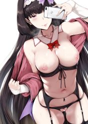 Rule 34 | 1girl, areola slip, black hair, black panties, blush, breasts, breath, cellphone, censored, clothing cutout, collarbone, fate/grand order, fate (series), garter belt, hand up, heart, heart censor, heart cutout, hews, highres, iphone, large breasts, long hair, navel, nipples, osakabehime (fate), panties, parted lips, pasties, phone, purple eyes, selfie, simple background, smartphone, smile, solo, thighs, underwear, white background