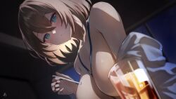 Rule 34 | 1girl, :o, absurdres, aogiri koukou, aqua eyes, bare shoulders, blush, breasts, brown hair, commentary request, cup, drinking straw, dutch angle, from below, hair between eyes, highres, holding, holding drinking straw, indoors, kkix25, kurikoma komaru, lanyard, large breasts, looking at viewer, night, no bra, off shoulder, short hair, signature, solo, sweat, upper body, virtual youtuber
