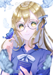 Rule 34 | 1girl, absurdres, artist name, artist request, blue bow, blue butterfly, blue dress, blush, book, bow, breasts, brown eyes, brown hair, bug, butterfly, butterfly on hand, buttons, close-up, dress, female focus, floating hair, frilled sleeves, frills, glasses, hair between eyes, hair bow, highres, holding, holding book, insect, kunikida hanamaru, light brown hair, long hair, long sleeves, looking at viewer, love live!, love live! school idol festival, love live! sunshine!!, mitaiken horizon, mitaiken horizon (love live!), nail, nail polish, parted lips, pink nails, plaid, plaid dress, pleated, pleated dress, ribbon, small breasts, smile, solo, striped bow, striped ribbon, upper body, wavy hair, white background, white bow, white ribbon, yellow eyes