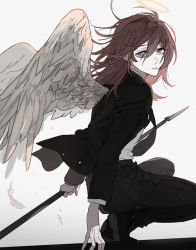 Rule 34 | 1boy, angel, angel devil (chainsaw man), angel wings, arms at sides, black jacket, black necktie, black pants, brown hair, business suit, chainsaw man, ebanoniwa, expressionless, feathered wings, feathers, formal, halo, highres, holding, holding polearm, holding spear, holding weapon, jacket, long hair, long sleeves, looking at viewer, male focus, necktie, open mouth, pants, polearm, shaded face, shirt, shirt tucked in, sitting, solo, spear, standing, suit, sunlight, weapon, white shirt, wind, wings