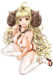 Rule 34 | 10s, 1girl, :d, ahoge, anila (granblue fantasy), bell, between breasts, bikini, blonde hair, blush, breasts, brown eyes, cleavage, cover, covered erect nipples, draph, eyebrows, female focus, ganari ryuu, geta, granblue fantasy, highres, horns, jingle bell, large breasts, long hair, looking at viewer, navel, open mouth, sailor collar, sandals, sheep horns, shiny skin, simple background, sitting, skindentation, smile, solo, swimsuit, tamatoys, thick eyebrows, thighhighs, very long hair, white background, white bikini, white thighhighs