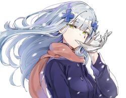 Rule 34 | 1girl, biting, blunt bangs, blush, breasts, coat, facial mark, floating hair, girls&#039; frontline, glove biting, gloves, green eyes, ha9na, hair ornament, half-closed eyes, hk416 (girls&#039; frontline), long hair, long sleeves, looking at viewer, motion blur, purple coat, scarf, silver hair, snowing, solo, white gloves, wind