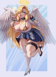 Rule 34 | 1girl, angel, angel wings, animal print, areola slip, blonde hair, blue eyes, blush, bracelet, breasts, choker, cleavage, clothes around waist, fingerless gloves, gloves, gyaru, hair over one eye, halo, heart, high heels, huge breasts, id card, jewelry, leopard print, leopard print panties, long hair, necklace, open clothes, open mouth, open shirt, original, panties, scrunchie, sireangelo, skirt, solo, standing, standing on one leg, sweater, sweater around waist, thick thighs, thighhighs, thighs, underwear, v, wings, wrist scrunchie