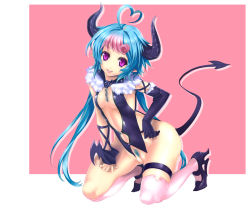 Rule 34 | 1girl, blue hair, breasts, cleavage, colored pubic hair, elbow gloves, female pubic hair, fujimon, gloves, horns, kneeling, multicolored hair, no panties, original, pink hair, pubic hair, purple eyes, pussy, solo, tail, thighhighs, white thighhighs