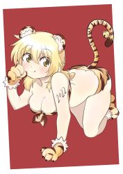 Rule 34 | 1girl, absurdres, all fours, animal ears, animal print, blonde hair, blush, breasts, brown eyes, chinese zodiac, cleavage, commission, commissioner upload, dard drak, fake animal ears, fake tail, hidamari sketch, highres, long hair, looking at viewer, miyako (hidamari sketch), new year, red background, smile, solo, tail, tiger ears, tiger print, tiger tail, tongue, tongue out, year of the tiger