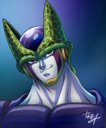 Rule 34 | 1boy, blue background, cell (dragon ball), closed mouth, commentary request, dragon ball, dragonball z, head tilt, male focus, naomi (nplusn), perfect cell, pink eyes, signature, smirk, smug, solo, upper body