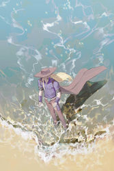 Rule 34 | 1boy, absurdres, blonde hair, blue lips, cape, caustics, from above, gyro zeppeli, hat, highres, jojo no kimyou na bouken, light brown hair, long hair, male focus, partially submerged, qi hui, shore, soap, solo, steel ball run, wading, water, wide shot