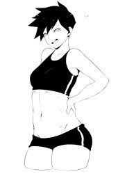 Rule 34 | 1girl, highres, monochrome, overwatch, overwatch 1, smile, solo, sports bra, tagme, tracer (overwatch)