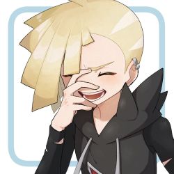Rule 34 | 1boy, :d, ahoge, black shirt, blonde hair, blush, closed eyes, commentary request, creatures (company), ear piercing, framed, game freak, gladion (pokemon), grey vest, hair over one eye, hand up, hood, hooded vest, hoodie, male focus, miu (miuuu 721), nintendo, open mouth, piercing, pokemon, pokemon sm, shirt, short hair, smile, solo, tassel, teeth, tongue, torn clothes, torn shirt, vest, white background