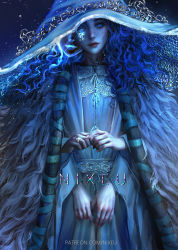 Rule 34 | 1girl, artist name, blue background, blue eyes, blue hair, blue hat, blue theme, cloak, closed mouth, cowboy shot, cracked skin, dress, elden ring, extra arms, extra faces, female focus, flat chest, fur cloak, gradient background, hat, head tilt, highres, jewelry, large hat, light particles, lips, long hair, long sleeves, looking at viewer, nixeu, one eye closed, ornate ring, own hands together, patreon username, ranni the witch, ring, simple background, solo, standing, straight-on, v arms, watermark, web address, wedding ring, white dress, wide sleeves, witch hat