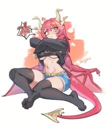 Rule 34 | 1girl, anger vein, black bra, black shirt, black thighhighs, blue shorts, blush, bra, breasts, closed mouth, commentary, commission, dragon girl, dragon horns, dragon tail, dragon wings, english commentary, eyelashes, feet, full body, horns, large breasts, legs, long hair, multiple horns, navel, no shoes, orange eyes, original, pink hair, pink tail, shadow, shirt, short shorts, shorts, signature, sin (sintrybest), sitting, skindentation, soles, solo, spoken anger vein, tail, thighhighs, thighs, toes, toned, underboob, underwear, undressing, wings