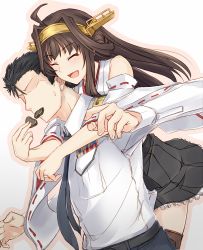 Rule 34 | 10s, 1boy, 1girl, admiral (kancolle), ahoge, bad id, bad pixiv id, black hair, blush, brown hair, candy, chocolate, chocolate heart, detached sleeves, closed eyes, faceless, faceless male, feeding, food, force-feeding, hairband, heart, hetero, highres, hug, hug from behind, japanese clothes, jewelry, kantai collection, kongou (kancolle), military, military uniform, mouth hold, naval uniform, necktie, nontraditional miko, open mouth, pallad, ribbon-trimmed sleeves, ribbon trim, ring, sweatdrop, thighhighs, uniform, valentine, wedding band, wide sleeves