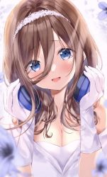 Rule 34 | 1girl, :d, amedamacon, blue eyes, blue flower, blurry, blurry foreground, breasts, brown hair, cleavage, commentary request, depth of field, flower, gloves, go-toubun no hanayome, hair between eyes, hairband, hands up, head tilt, headphones, headphones around neck, highres, medium breasts, nakano miku, open mouth, smile, solo, upper body, white gloves, white hairband