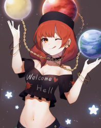 Rule 34 | 1girl, ;q, bangle, bare shoulders, belt, black belt, black choker, black shirt, blue skirt, blush, bracelet, breasts, chain, choker, cleavage, clothes writing, collarbone, commentary request, crop top, ear piercing, earrings, earth (ornament), grey background, groin, hands up, heart, hecatia lapislazuli, highres, ikasoba, jewelry, light particles, looking at viewer, medium breasts, midriff, moon (ornament), navel, off-shoulder shirt, off shoulder, one eye closed, piercing, red eyes, red hair, shirt, short hair, short sleeves, simple background, skirt, solo, stomach, t-shirt, tongue, tongue out, touhou, upper body