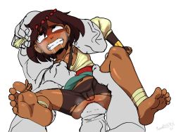 Rule 34 | 1boy, 1girl, 2020, absurdres, ajna (indivisible), anal, ankle wrap, artist name, beads, bike shorts, bracelet, brown hair, cleft of venus, clenched teeth, collarbone, dark-skinned female, dark skin, hair ornament, held up, hetero, highres, indivisible, jewelry, legs, meteorreb0rn, penis, pussy, saliva, shiny skin, short hair, shorts, signature, simple background, size difference, soles, teeth, toes, torn clothes, torn shorts, veins, veiny penis, white background