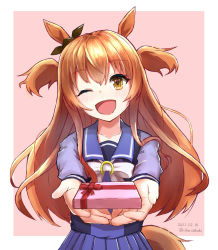 Rule 34 | 1girl, ;d, absurdres, age conscious, animal ears, black ribbon, bow, box, commentary, dated, ear ribbon, english commentary, gift, gift box, giving, highres, holding, holding gift, horse girl, ishin mosquito, long hair, looking at viewer, mayano top gun (umamusume), mixed-language commentary, one eye closed, open mouth, orange eyes, orange hair, outside border, pink background, ribbon, smile, solo, twitter username, two side up, umamusume, valentine