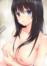 Rule 34 | 1girl, absurdres, amelia (n.g.), black hair, blue eyes, blush, breast hold, breasts, highres, large breasts, looking at viewer, n.g., nipples, open mouth, parted lips, shower head, showering, solo