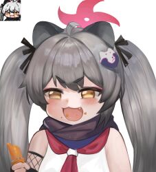Rule 34 | 1girl, :d, ahoge, animal ears, bare shoulders, black ribbon, black scarf, blue archive, brown eyes, commentary request, dokomon, fang, food, food on face, grey hair, hair intakes, hair ornament, hair ribbon, halo, highres, holding, holding food, korean commentary, long hair, michiru (blue archive), neckerchief, open mouth, raccoon ears, red neckerchief, ribbon, scarf, shirt, short eyebrows, simple background, sleeveless, sleeveless shirt, smile, thick eyebrows, twintails, upper body, v-shaped eyebrows, white background, white shirt
