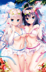 Rule 34 | 2girls, ahoge, bare shoulders, bikini, black hair, blue eyes, blue flower, blue rose, blurry, blurry background, breasts, cleavage, collarbone, commentary request, day, depth of field, flower, flower wreath, frilled bikini, frills, hair between eyes, hand up, head wreath, heart, heart ahoge, highleg, highleg bikini, highres, holding hands, interlocked fingers, jacket, long hair, medium breasts, multiple girls, nail polish, navel, off shoulder, open clothes, open jacket, original, outdoors, palm tree, pink flower, pink rose, red nails, rose, see-through, shiromochi sakura, swimsuit, tree, two side up, untied bikini, very long hair, white bikini, white flower, white hair, white rose