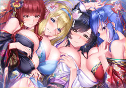 Rule 34 | 4girls, ahoge, animal ears, armpit peek, atago (azur lane), azur lane, bare shoulders, black hair, black kimono, black nails, blonde hair, blue eyes, blue hair, blue hairband, blue kimono, blunt bangs, blush, bow, breasts, brown eyes, cherry blossom print, cleavage, collarbone, commentary request, earrings, extra ears, finger to mouth, floral print, flower, glint, hair bow, hair flower, hair intakes, hair ornament, hairband, hand on own cheek, hand on own chest, hand on own face, highres, huge breasts, japanese clothes, jewelry, ken ill, kimono, lifted by self, lips, long hair, looking at viewer, lying, mole, mole under eye, multiple girls, nail polish, navel, new year, north carolina (azur lane), nose blush, obi, off shoulder, on back, on side, parted lips, pink nails, ponytail, print kimono, purple eyes, red bow, red kimono, red nails, ribbon, sash, side ponytail, sidelocks, smile, st. louis (azur lane), st. louis (spirits in the snow) (azur lane), swept bangs, upper body, white ribbon, wide sleeves, x hair ornament, yellow eyes, zara (azur lane)
