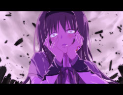 Rule 34 | 1girl, akemi homura, black hairband, hairband, hands on own cheeks, hands on own face, letterboxed, long hair, looking at viewer, magical girl, mahou shoujo madoka magica, mahou shoujo madoka magica (anime), mirai nikki, open mouth, parody, phoenix0, shade, solo, yandere trance