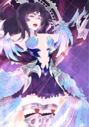 Rule 34 | 1girl, bare shoulders, black hair, black skirt, blue eyes, boots, breasts, breasts apart, choker, cleavage, clothing cutout, cowboy shot, dress, feathers, final fantasy, final fantasy xiv, gaia (ff14), grid background, highres, lipstick, looking down, makeup, midriff, navel, outstretched arms, red lips, skirt, strapless, strapless dress, thigh boots, thighhighs, grid background, wide sleeves, yomogi (korin)