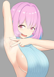 Rule 34 | 1girl, arm up, armpits, blue hair, blue sweater, breasts, earrings, eyes visible through hair, fang, grey background, hair between eyes, hair intakes, highres, idolmaster, idolmaster cinderella girls, j-kisarazu, jewelry, large breasts, looking at viewer, meme attire, multicolored hair, no bra, no nose, open mouth, pill earrings, pink eyes, pink hair, presenting armpit, short hair, sideboob, simple background, sleeveless, sleeveless sweater, smile, solo, spread armpit, steaming body, sweater, tongue, two-tone hair, upper body, v, virgin killer sweater, yumemi riamu