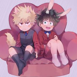 Rule 34 | 2boys, aged down, animal ear fluff, animal ears, bakugou katsuki, black legwear, black shorts, black vest, blonde hair, blue bow, blue bowtie, blue necktie, blush, boku no hero academia, bow, bowtie, chair, child, claws, closed mouth, commentary, crispyfrites, easy chair, english commentary, feet together, formal, freckles, frown, green eyes, green hair, highres, knees apart feet together, knees up, layered sleeves, long sleeves, looking at viewer, male focus, midoriya izuku, multiple boys, necktie, on chair, open mouth, purple background, rabbit boy, rabbit ears, red eyes, red suit, short hair, shorts, sitting, socks, spiked hair, suit, tail, teeth, traditional bowtie, upper teeth only, vest, white legwear, wolf boy, wolf ears, wolf tail, yellow fur