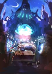 Rule 34 | 1girl, absurdres, cathedral, couch, crescent moon, female focus, flandre scarlet, hat, highres, kaamin (mariarose753), looking at viewer, lying, mob cap, moon, on couch, on side, ruins, sky, solo, stained glass, star (sky), starry sky, touhou, wings