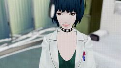 Rule 34 | 1boy, 1girl, 20s, 3d, @ @, animated, animated gif, atlus, black eyes, blue hair, blunt bangs, bob cut, breasts, brown eyes, character name, choker, cleavage, clinic, coat, collar, dark blue hair, doctor, dress, english text, erection, expressionless, fellatio, green dress, hypnosis, indoors, instant loss, interior, jewelry, kneeling, lab coat, long sleeves, looking at viewer, lowres, megami tensei, messy hair, mind control, multicolored eyes, multiple views, open mouth, oral, pendulum, penis, persona, persona 5, pocket watch, pov, rolling eyes, saliva, shin megami tensei, short hair, sleepy, small breasts, solo focus, speech stab, spiral, standing, studded collar, submission, swinging, takemi tae, talking, uncensored, vynil, watch, watching, white coat