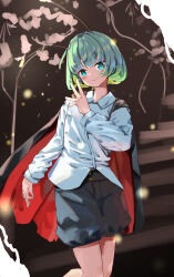 Rule 34 | 1girl, absurdres, antenna hair, antennae, aqua eyes, black shorts, cape, closed mouth, collared shirt, commentary, english commentary, green hair, highres, light particles, long sleeves, looking at viewer, outdoors, shirt, short hair, shorts, smile, solo, touhou, vanilla flan, white shirt, wriggle nightbug
