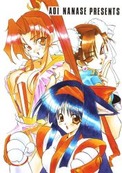 Rule 34 | 1990s (style), 3girls, ainu clothes, animal hands, blue hair, breasts, brown eyes, brown hair, capcom, cat paws, chinese clothes, chun-li, cleavage, crossover, double bun, fatal fury, hair bun, hair ribbon, large breasts, lipstick, long hair, looking at viewer, makeup, medium breasts, multiple girls, nakoruru, nanase aoi, no bra, open mouth, ponytail, retro artstyle, ribbon, samurai spirits, shiranui mai, smile, snk, street fighter, the king of fighters, traditional media