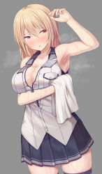 Rule 34 | 1girl, armpits, asaba kakeru, blonde hair, blush, breast pocket, breasts, cleavage, highres, large breasts, open clothes, open shirt, original, pocket, red eyes, shirt, skirt, sleeveless, sleeveless shirt, solo, sweat, very sweaty, wiping sweat