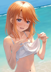 Rule 34 | 1girl, bare arms, bare shoulders, blush, camisole, camisole lift, clothes lift, commentary request, day, highres, idolmaster, idolmaster cinderella girls, long hair, navel, nekopuchi, ocean, open mouth, orange hair, outdoors, purple eyes, sleeveless, solo, stomach, upper body, v-shaped eyebrows, water, yuuki haru