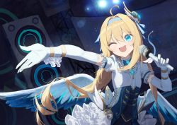 1girl ;d absurdres ahoge blonde_hair blue_eyes blue_hairband blue_ribbon dress_shirt elbow_gloves feathered_wings floating_hair gloves hair_intakes hair_ribbon hairband highres holding holding_microphone idol long_hair microphone one_eye_closed open_mouth original pellas_(panix2383) ribbon shirt short_sleeves smile solo stage underbust very_long_hair white_gloves white_shirt white_wings wings