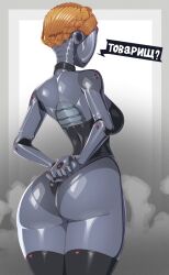 Rule 34 | 1girl, android, arms behind back, ass, atomic heart, back, blonde hair, braid, breasts, crown braid, cyrillic, faceless, faceless female, gradient background, highres, humanoid robot, large breasts, left (atomic heart), metal skin, minicop2001, red star, robot, robot girl, russian text, star (symbol), thighhighs