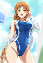 Rule 34 | 1girl, :d, adjusting hair, asuna (sao), blue one-piece swimsuit, blurry, blurry background, braid, braided ponytail, breasts, brown eyes, brown hair, clothes down, collarbone, competition swimsuit, contrapposto, covered navel, cowboy shot, dars (recolors), day, female focus, highleg, highleg swimsuit, highres, jacket, lens flare, long hair, looking at viewer, medium breasts, one-piece swimsuit, open mouth, outdoors, ponytail, smile, solo, swimsuit, sword art online, very long hair, white jacket